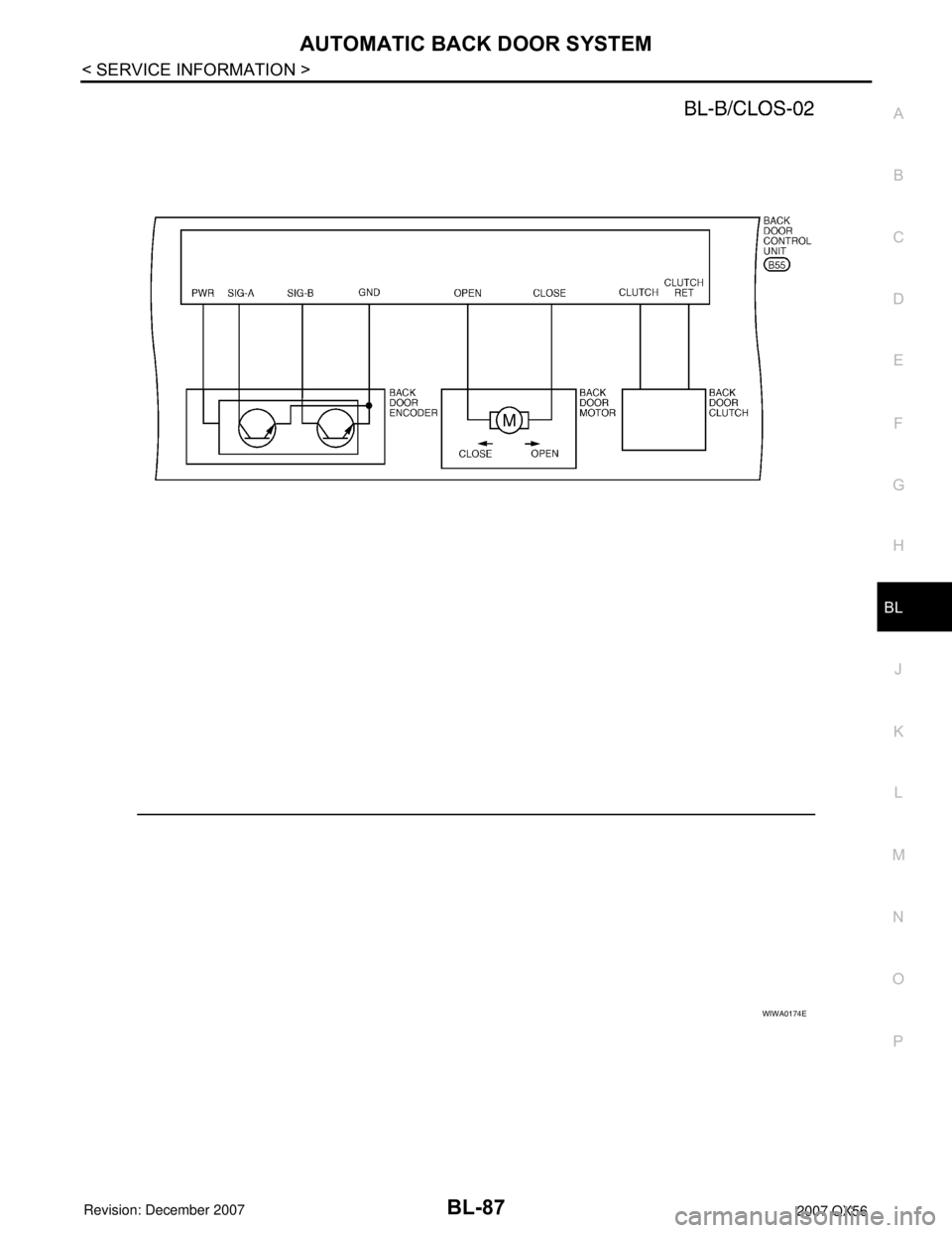 INFINITI QX56 2007 Factory Service Manual AUTOMATIC BACK DOOR SYSTEM
BL-87
< SERVICE INFORMATION >
C
D
E
F
G
H
J
K
L
MA
B
BL
N
O
P
WIWA0174E INFINITI QX56 2007 Factory Service Manual AUTOMATIC BACK DOOR SYSTEM
BL-87
< SERVICE INFORMATION >
C
D
E
F
G
H
J
K
L
MA
B
BL
N
O
P
WIWA0174E