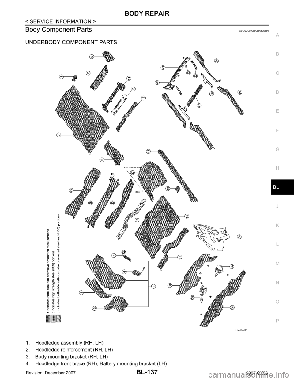 INFINITI QX56 2007  Factory Service Manual BODY REPAIR
BL-137
< SERVICE INFORMATION >
C
D
E
F
G
H
J
K
L
MA
B
BL
N
O
P
Body Component PartsINFOID:0000000003533006
UNDERBODY COMPONENT PARTS 
1. Hoodledge assembly (RH, LH)
2. Hoodledge reinforcem