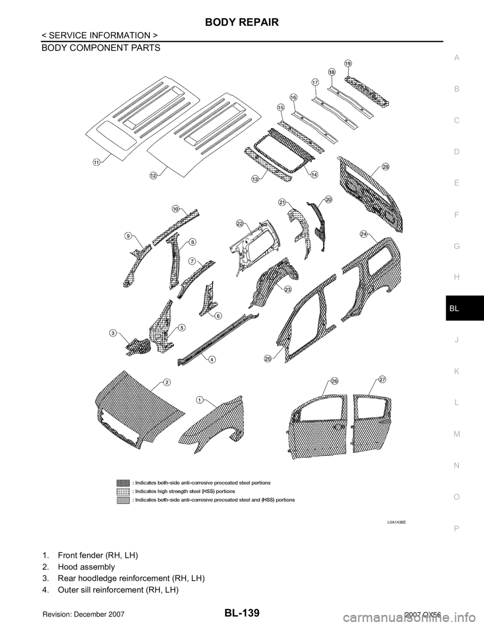 INFINITI QX56 2007  Factory Service Manual BODY REPAIR
BL-139
< SERVICE INFORMATION >
C
D
E
F
G
H
J
K
L
MA
B
BL
N
O
P
BODY COMPONENT PARTS
1. Front fender (RH, LH)
2. Hood assembly
3. Rear hoodledge reinforcement (RH, LH)
4. Outer sill reinfor