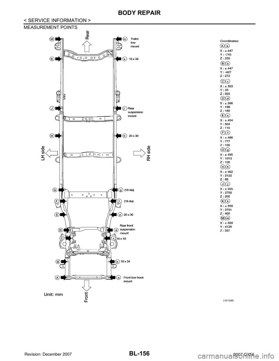 INFINITI QX56 2007  Factory Service Manual BL-156
< SERVICE INFORMATION >
BODY REPAIR
MEASUREMENT POINTS
LIIA1508E 