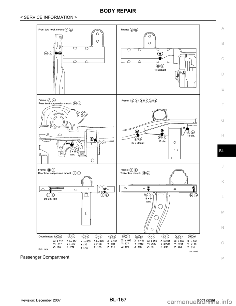 INFINITI QX56 2007  Factory Service Manual BODY REPAIR
BL-157
< SERVICE INFORMATION >
C
D
E
F
G
H
J
K
L
MA
B
BL
N
O
P
Passenger Compartment
LIIA1509E 