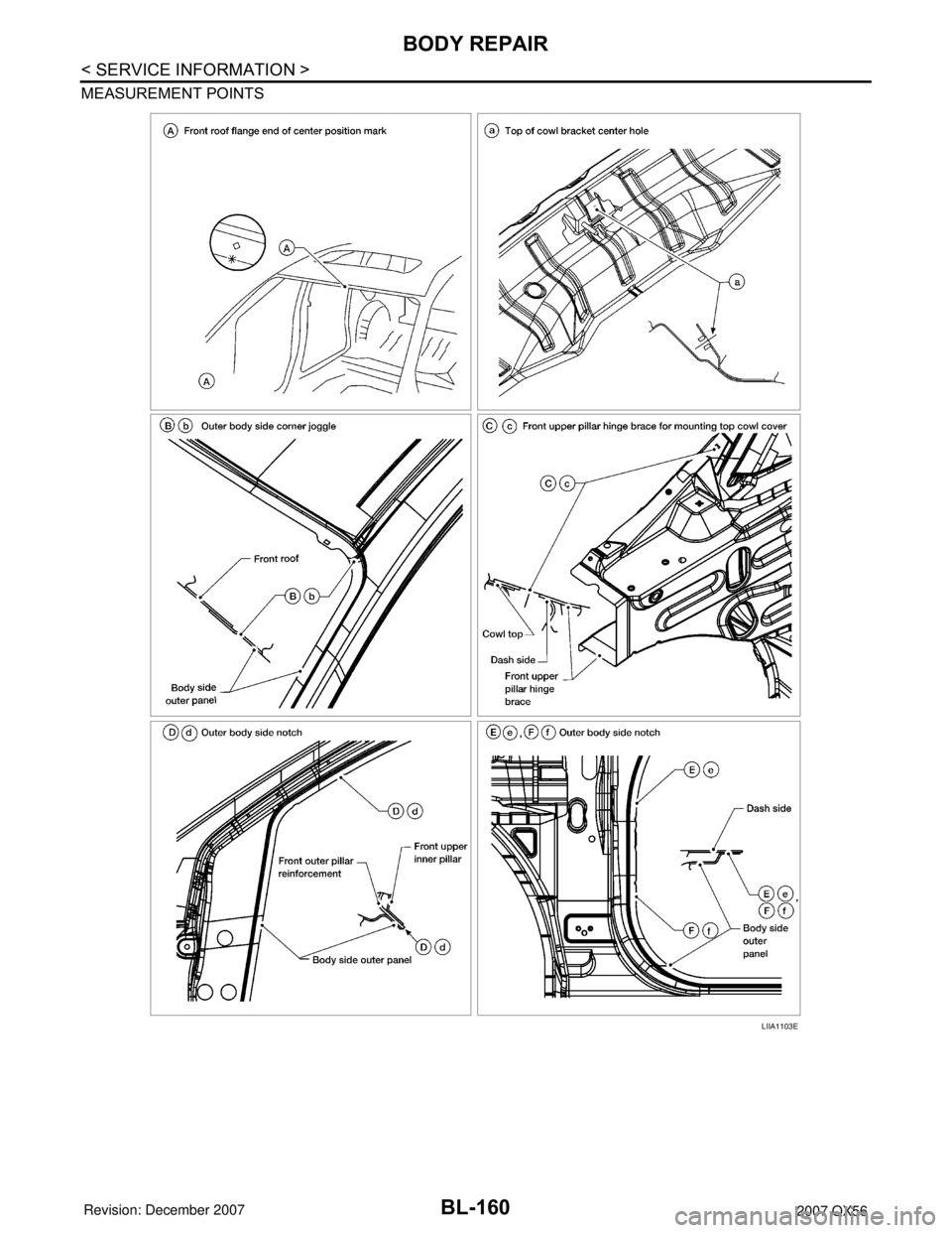 INFINITI QX56 2007  Factory Service Manual BL-160
< SERVICE INFORMATION >
BODY REPAIR
MEASUREMENT POINTS
LIIA1103E 