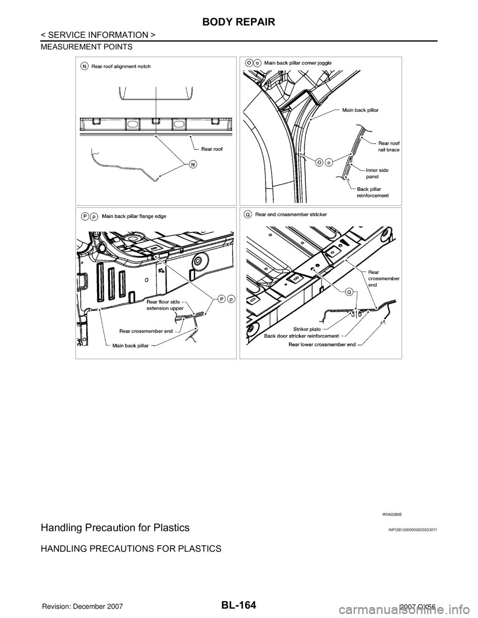 INFINITI QX56 2007  Factory Service Manual BL-164
< SERVICE INFORMATION >
BODY REPAIR
MEASUREMENT POINTS
Handling Precaution for PlasticsINFOID:0000000003533011
HANDLING PRECAUTIONS FOR PLASTICS
WIIA0280E 
