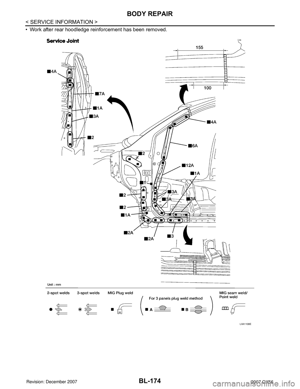 INFINITI QX56 2007  Factory Service Manual BL-174
< SERVICE INFORMATION >
BODY REPAIR
• Work after rear hoodledge reinforcement has been removed.
LIIA1108E 