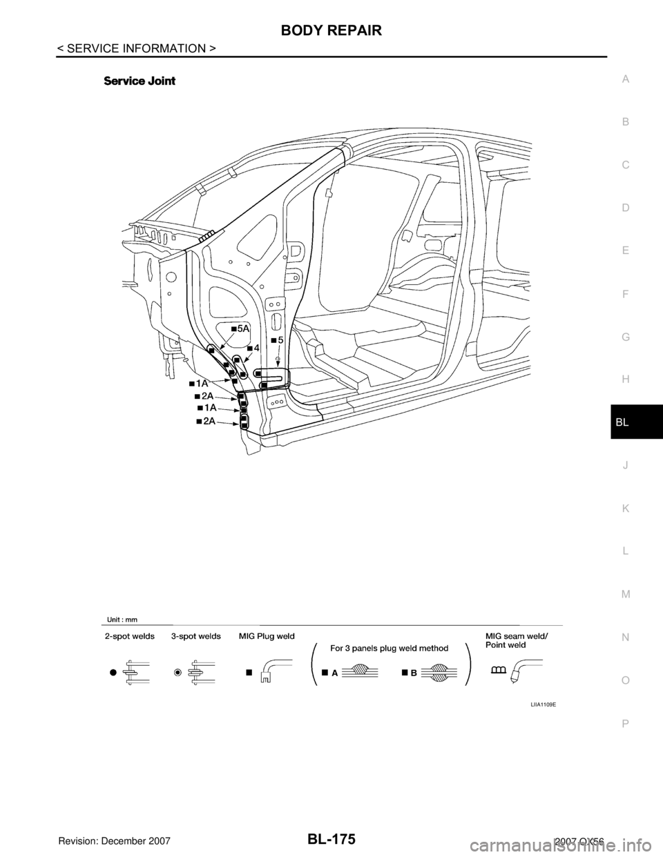 INFINITI QX56 2007  Factory Service Manual BODY REPAIR
BL-175
< SERVICE INFORMATION >
C
D
E
F
G
H
J
K
L
MA
B
BL
N
O
P
LIIA1109E 