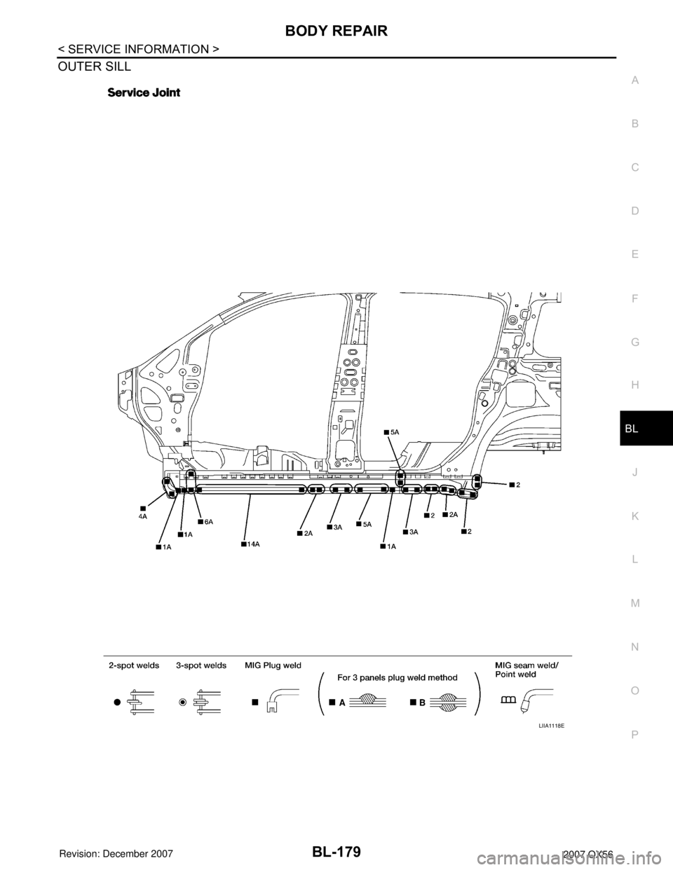 INFINITI QX56 2007  Factory Service Manual BODY REPAIR
BL-179
< SERVICE INFORMATION >
C
D
E
F
G
H
J
K
L
MA
B
BL
N
O
P
OUTER SILL
LIIA1118E 