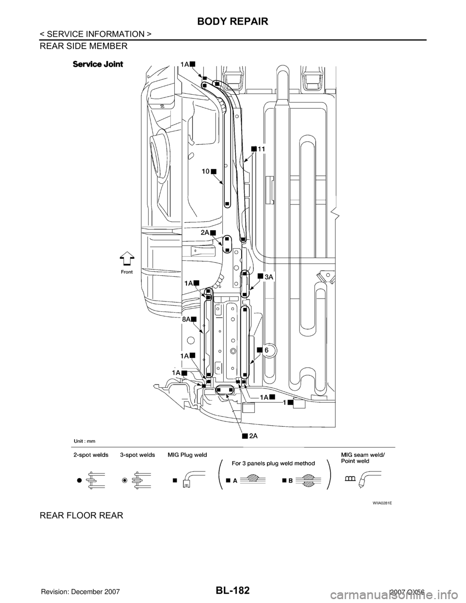 INFINITI QX56 2007 Factory Service Manual BL-182
< SERVICE INFORMATION >
BODY REPAIR
REAR SIDE MEMBER
REAR FLOOR REAR
WIIA0281E INFINITI QX56 2007 Factory Service Manual BL-182
< SERVICE INFORMATION >
BODY REPAIR
REAR SIDE MEMBER
REAR FLOOR REAR
WIIA0281E