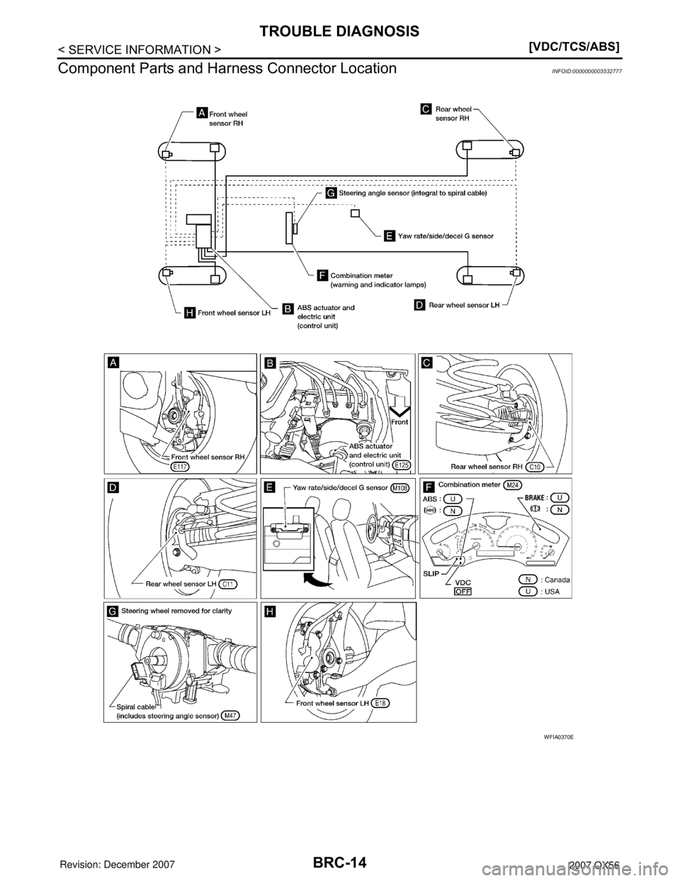 INFINITI QX56 2007  Factory Owners Guide BRC-14
< SERVICE INFORMATION >[VDC/TCS/ABS]
TROUBLE DIAGNOSIS
Component Parts and Harness Connector Location
INFOID:0000000003532777
WFIA0370E 