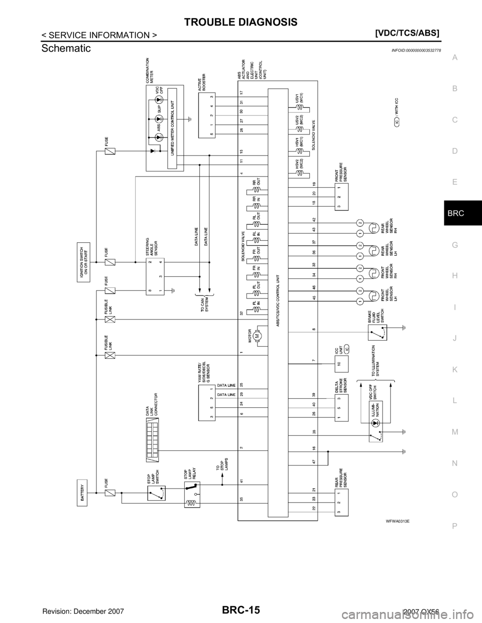 INFINITI QX56 2007  Factory Owners Guide TROUBLE DIAGNOSIS
BRC-15
< SERVICE INFORMATION >[VDC/TCS/ABS]
C
D
E
G
H
I
J
K
L
MA
B
BRC
N
O
P
SchematicINFOID:0000000003532778
WFWA0313E 