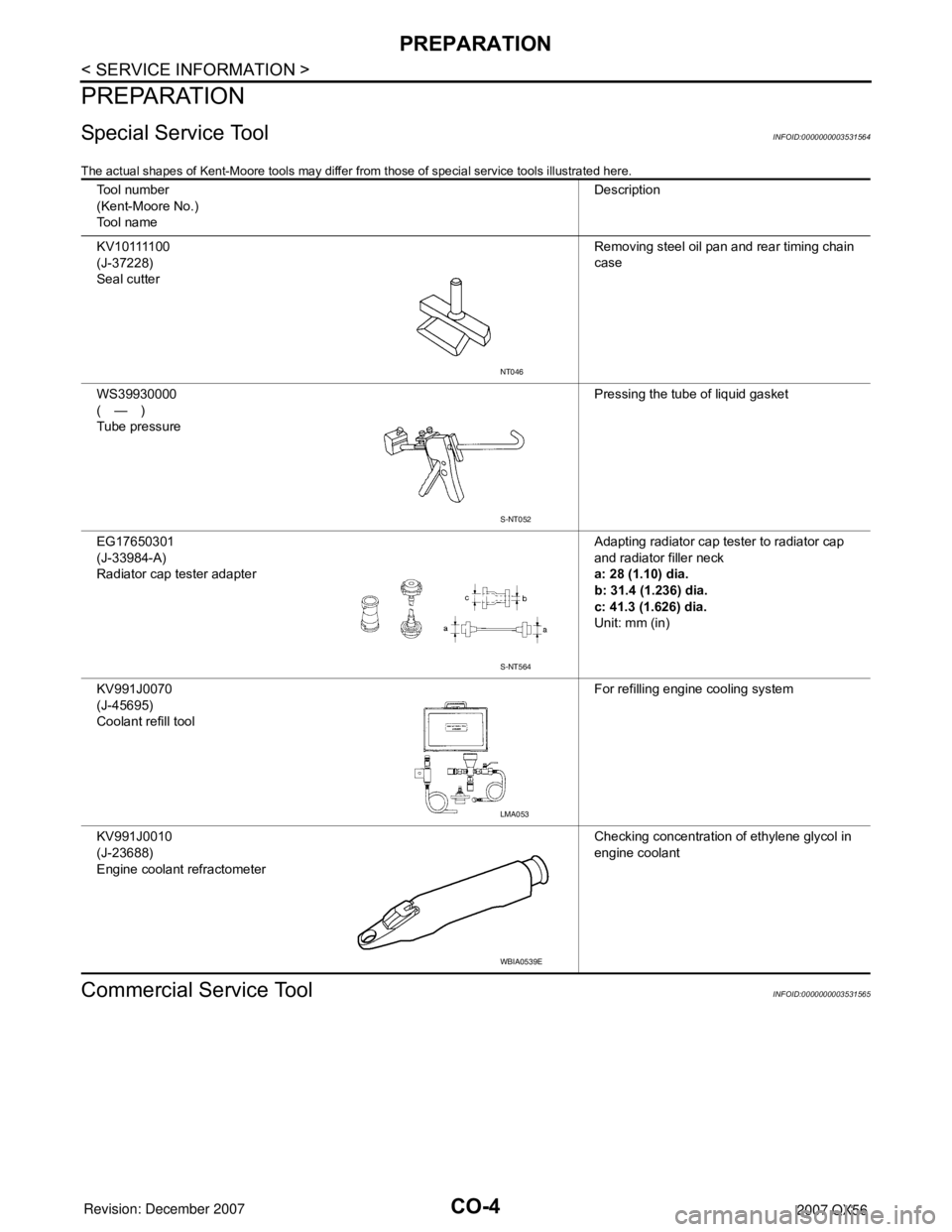 INFINITI QX56 2007 Factory User Guide CO-4
< SERVICE INFORMATION >
PREPARATION
PREPARATION
Special Service ToolINFOID:0000000003531564
The actual shapes of Kent-Moore tools may differ from those of special service tools illustrated here.
INFINITI QX56 2007 Factory User Guide CO-4
< SERVICE INFORMATION >
PREPARATION
PREPARATION
Special Service ToolINFOID:0000000003531564
The actual shapes of Kent-Moore tools may differ from those of special service tools illustrated here.