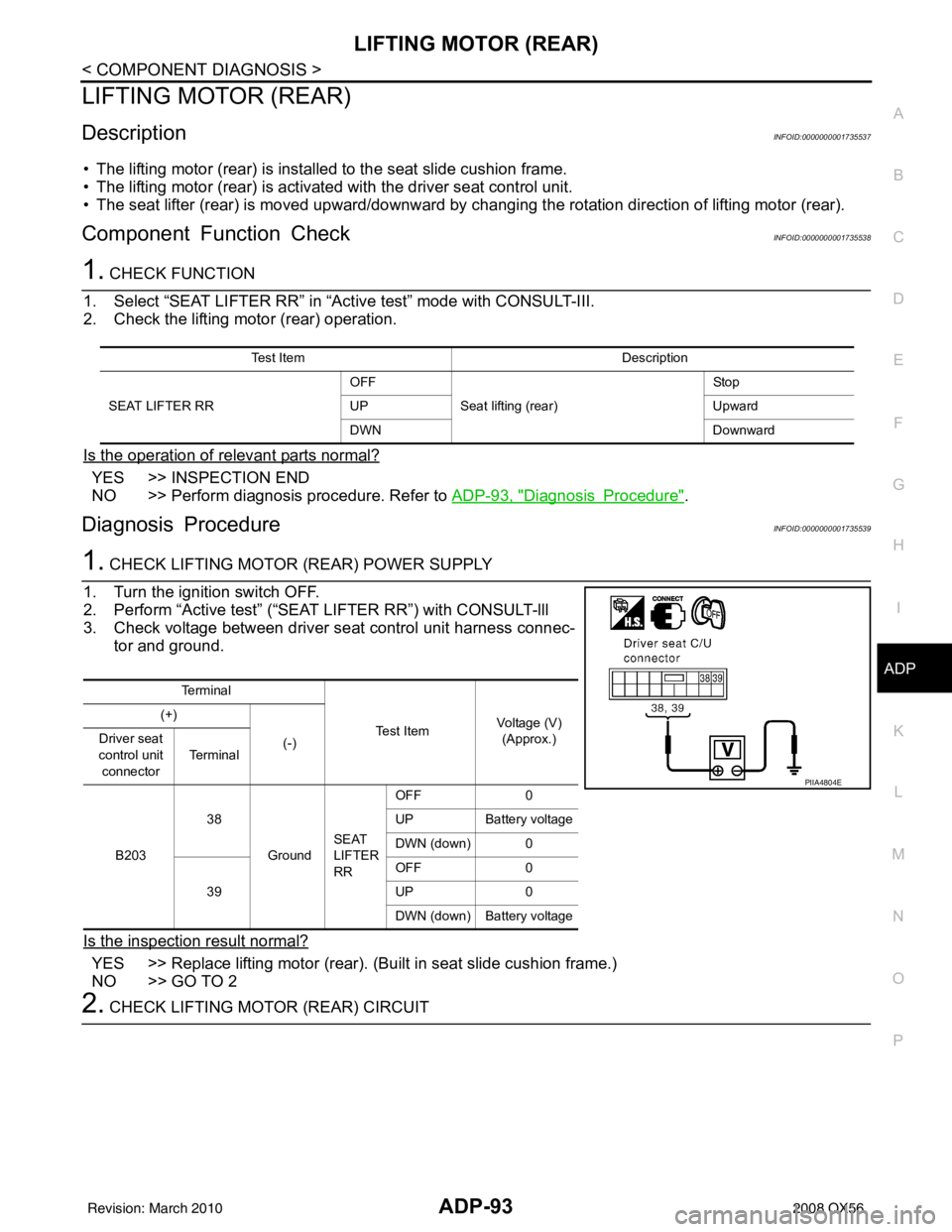 INFINITI QX56 2008  Factory Service Manual LIFTING MOTOR (REAR)ADP-93
< COMPONENT DIAGNOSIS >
C
DE
F
G H
I
K L
M A
B
ADP
N
O P
LIFTING MOTOR (REAR)
DescriptionINFOID:0000000001735537
• The lifting motor (rear) is installed to the seat slide 