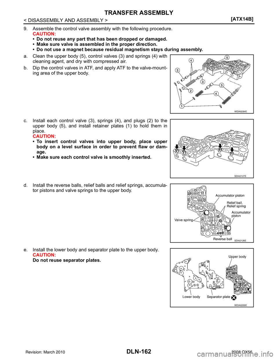 INFINITI QX56 2008  Factory Service Manual DLN-162
< DISASSEMBLY AND ASSEMBLY >[ATX14B]
TRANSFER ASSEMBLY
9. Assemble the control valve assembly with the following procedure.
CAUTION:
• Do not reuse any part that has been dropped or damaged.