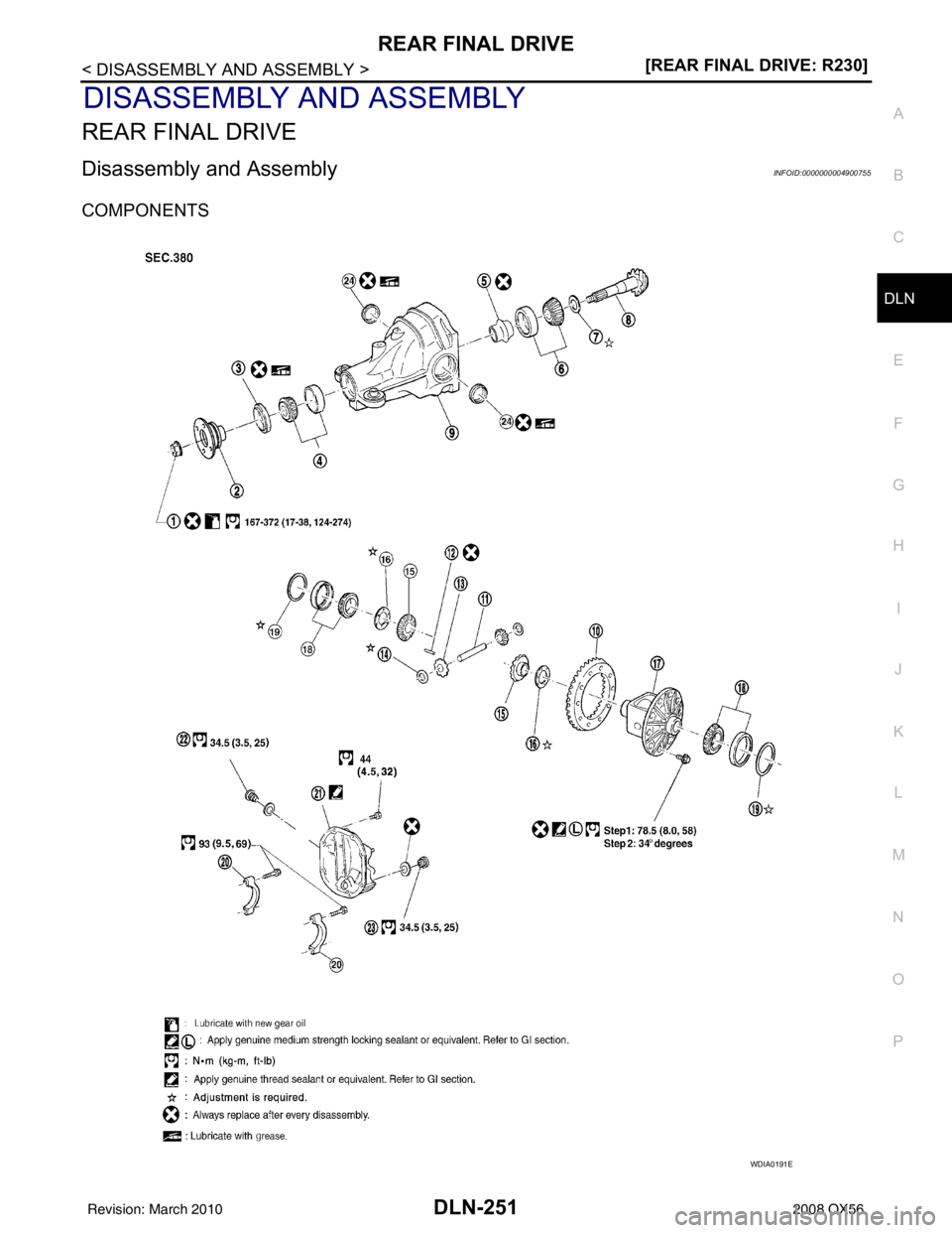 INFINITI QX56 2008  Factory Service Manual REAR FINAL DRIVEDLN-251
< DISASSEMBLY AND ASSEMBLY > [REAR FINAL DRIVE: R230]
C
EF
G H
I
J
K L
M A
B
DLN
N
O P
DISASSEMBLY AND ASSEMBLY
REAR FINAL DRIVE
Disassembly and AssemblyINFOID:0000000004900755
