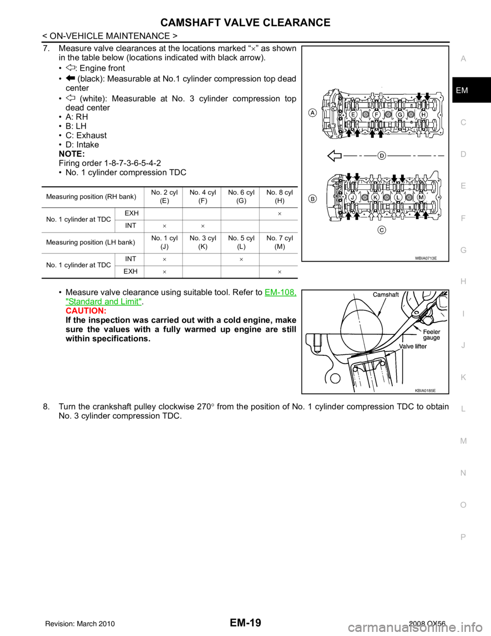 INFINITI QX56 2008 Factory Service Manual CAMSHAFT VALVE CLEARANCEEM-19
< ON-VEHICLE MAINTENANCE >
C
DE
F
G H
I
J
K L
M A
EM
NP
O
7. Measure valve clearances at the locations marked “×
” as shown
in the table below (locations indicated w INFINITI QX56 2008 Factory Service Manual CAMSHAFT VALVE CLEARANCEEM-19
< ON-VEHICLE MAINTENANCE >
C
DE
F
G H
I
J
K L
M A
EM
NP
O
7. Measure valve clearances at the locations marked “×
” as shown
in the table below (locations indicated w
