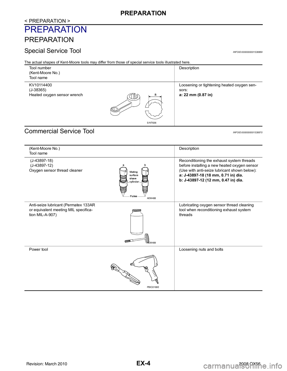 INFINITI QX56 2008  Factory Service Manual EX-4
< PREPARATION >
PREPARATION
PREPARATION
PREPARATION
Special Service ToolINFOID:0000000001538869
The actual shapes of Kent-Moore tools may differ from those of special service tools illustrated he