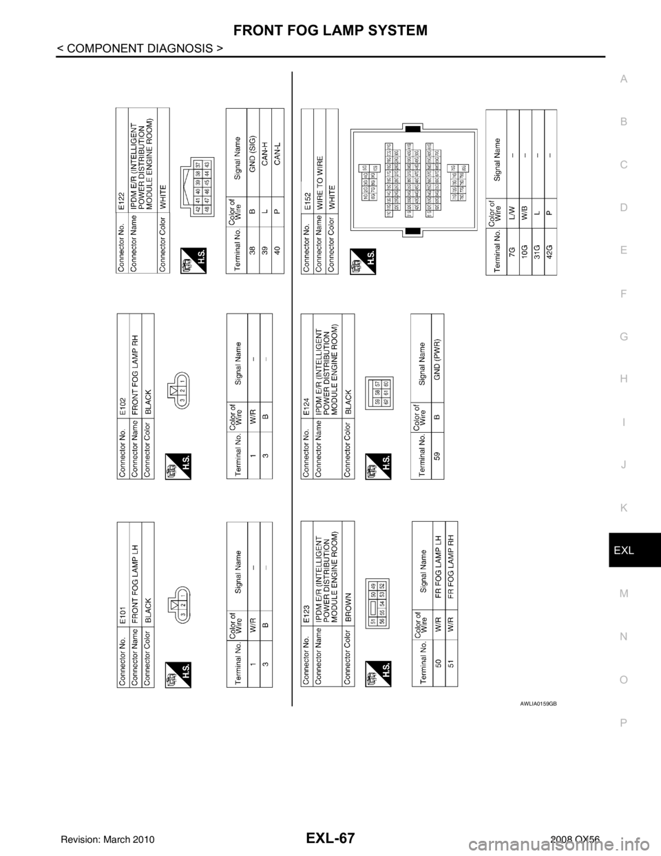 INFINITI QX56 2008  Factory Service Manual FRONT FOG LAMP SYSTEMEXL-67
< COMPONENT DIAGNOSIS >
C
DE
F
G H
I
J
K
M A
B
EXL
N
O P
AWLIA0159GB
Revision: March 2010 2008 QX56 