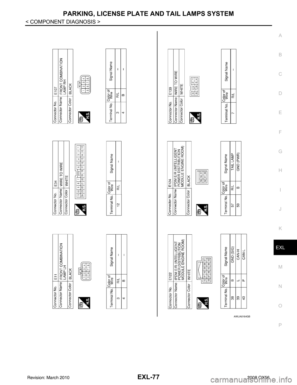 INFINITI QX56 2008  Factory Service Manual PARKING, LICENSE PLATE AND TAIL LAMPS SYSTEMEXL-77
< COMPONENT DIAGNOSIS >
C
DE
F
G H
I
J
K
M A
B
EXL
N
O P
AWLIA0164GB
Revision: March 2010 2008 QX56 