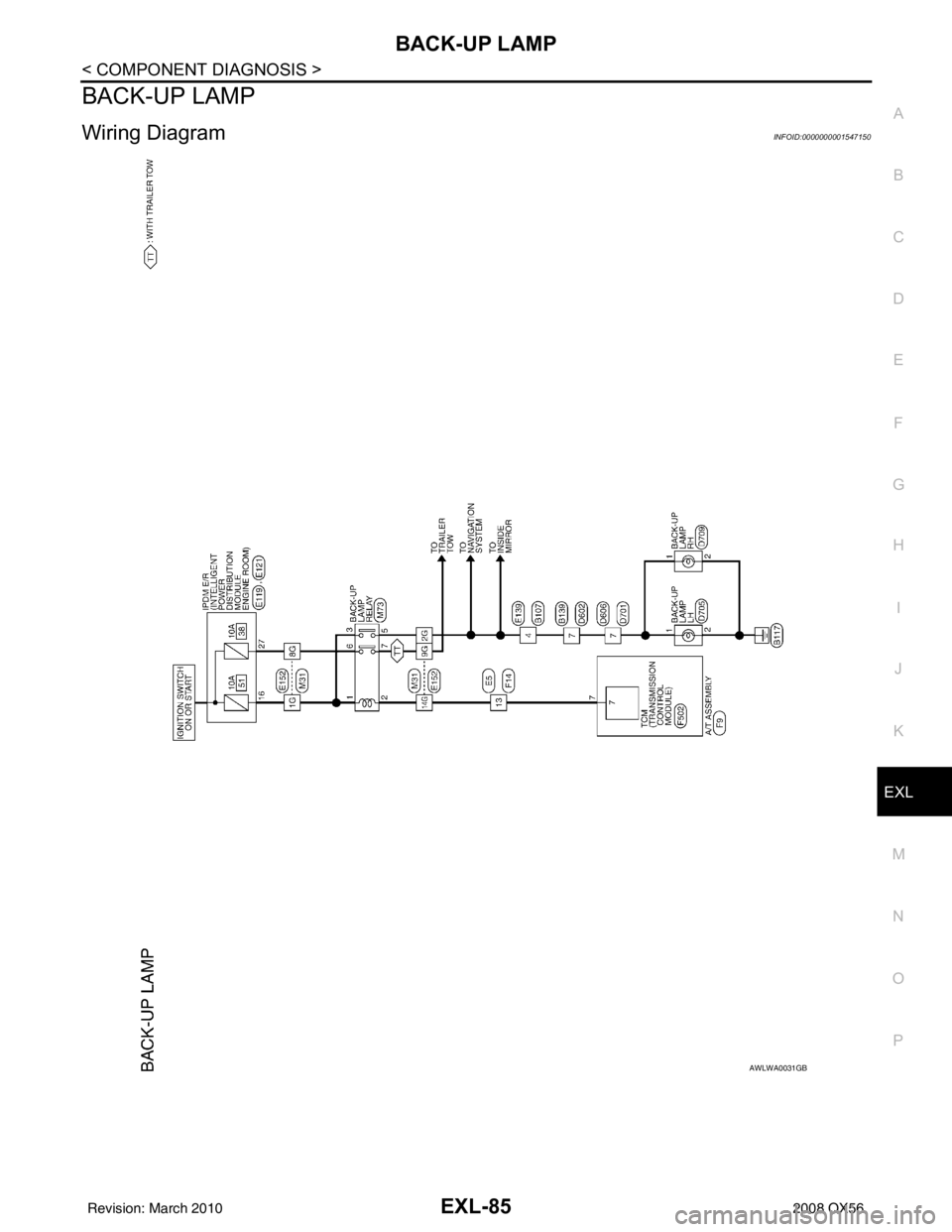 INFINITI QX56 2008  Factory Service Manual BACK-UP LAMPEXL-85
< COMPONENT DIAGNOSIS >
C
DE
F
G H
I
J
K
M A
B
EXL
N
O P
BACK-UP LAMP
Wiring DiagramINFOID:0000000001547150
AWLWA0031GB
Revision: March 2010 2008 QX56 