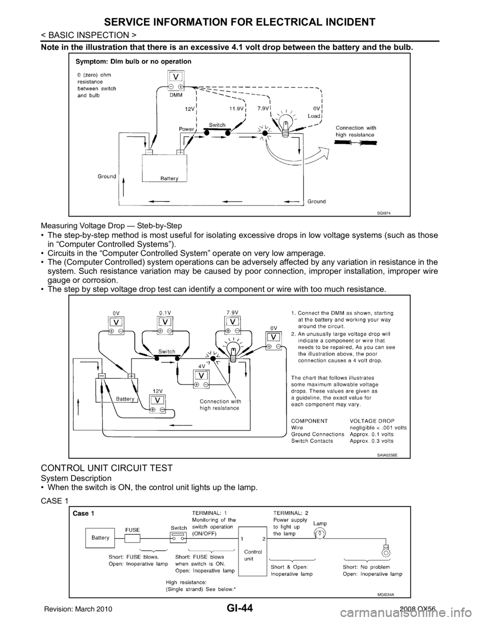 INFINITI QX56 2008 Factory Owners Manual GI-44
< BASIC INSPECTION >
SERVICE INFORMATION FOR ELECTRICAL INCIDENT
Note in the illustration that there is an excessive 4.1 volt drop between the battery and the bulb.
Measuring Voltage Drop — S INFINITI QX56 2008 Factory Owners Manual GI-44
< BASIC INSPECTION >
SERVICE INFORMATION FOR ELECTRICAL INCIDENT
Note in the illustration that there is an excessive 4.1 volt drop between the battery and the bulb.
Measuring Voltage Drop — S