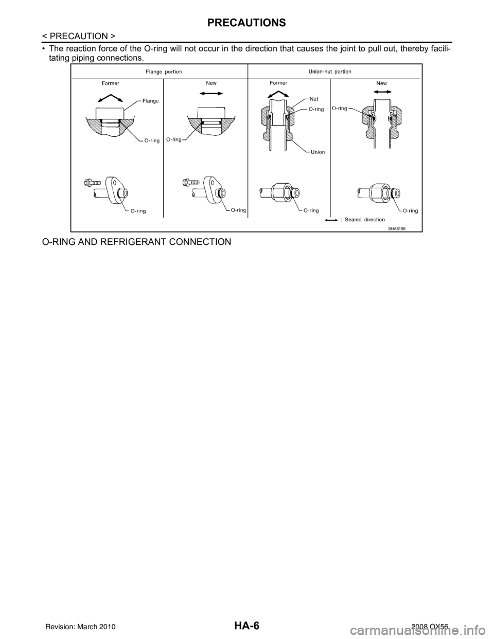 INFINITI QX56 2008  Factory Service Manual HA-6
< PRECAUTION >
PRECAUTIONS
• The reaction force of the O-ring will not occur in the direction that causes the joint to pull out, thereby facili-
tating piping connections.
O-RING AND REFRIGERAN