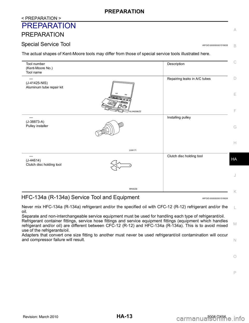 INFINITI QX56 2008  Factory Owners Manual PREPARATIONHA-13
< PREPARATION >
C
DE
F
G H
J
K L
M A
B
HA
N
O P
PREPARATION
PREPARATION
Special Service ToolINFOID:0000000001516638
The actual shapes of Kent-Moore tools may differ from those of spec
