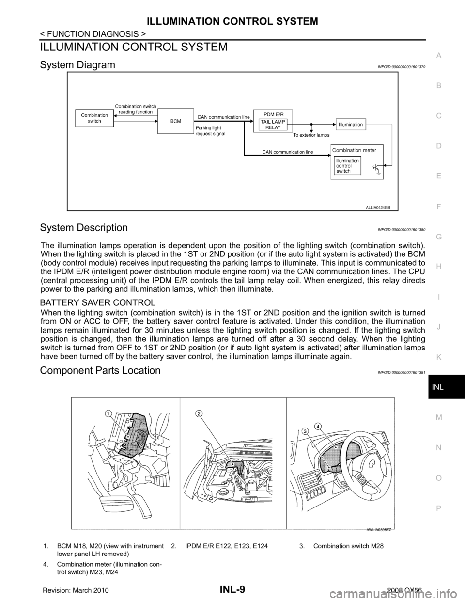 INFINITI QX56 2008 Factory Service Manual ILLUMINATION CONTROL SYSTEMINL-9
< FUNCTION DIAGNOSIS >
C
DE
F
G H
I
J
K
M A
B
INL
N
O P
ILLUMINATION CONTROL SYSTEM
System DiagramINFOID:0000000001601379
System DescriptionINFOID:0000000001601380
The INFINITI QX56 2008 Factory Service Manual ILLUMINATION CONTROL SYSTEMINL-9
< FUNCTION DIAGNOSIS >
C
DE
F
G H
I
J
K
M A
B
INL
N
O P
ILLUMINATION CONTROL SYSTEM
System DiagramINFOID:0000000001601379
System DescriptionINFOID:0000000001601380
The