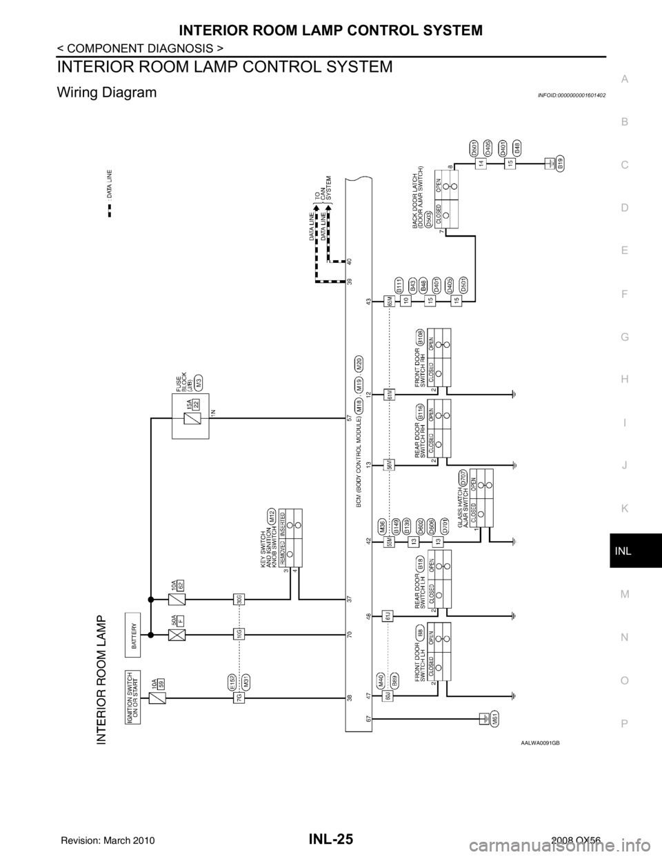 INFINITI QX56 2008  Factory Service Manual INTERIOR ROOM LAMP CONTROL SYSTEMINL-25
< COMPONENT DIAGNOSIS >
C
DE
F
G H
I
J
K
M A
B
INL
N
O P
INTERIOR ROOM LAMP CONTROL SYSTEM
Wiring DiagramINFOID:0000000001601402
AALWA0091GB
Revision: March 201