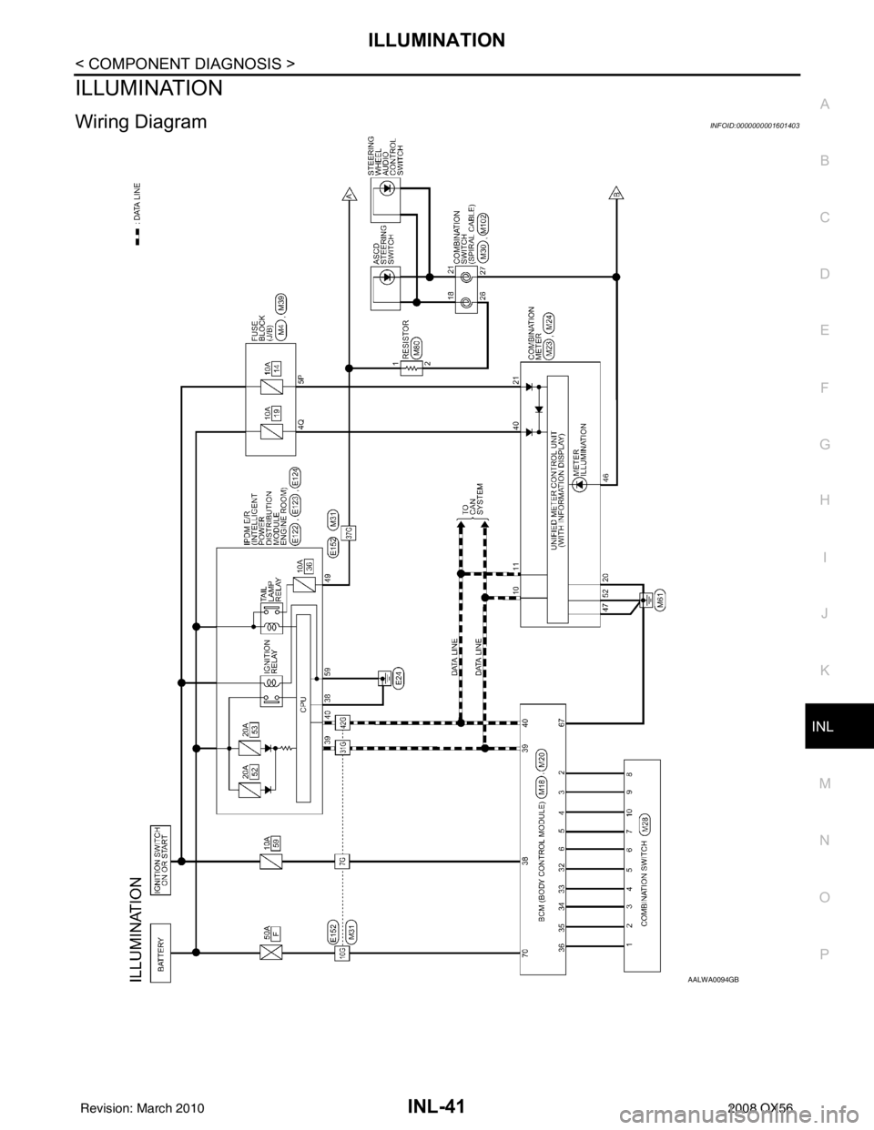 INFINITI QX56 2008  Factory Service Manual ILLUMINATIONINL-41
< COMPONENT DIAGNOSIS >
C
DE
F
G H
I
J
K
M A
B
INL
N
O P
ILLUMINATION
Wiring DiagramINFOID:0000000001601403
AALWA0094GB
Revision: March 2010 2008 QX56 