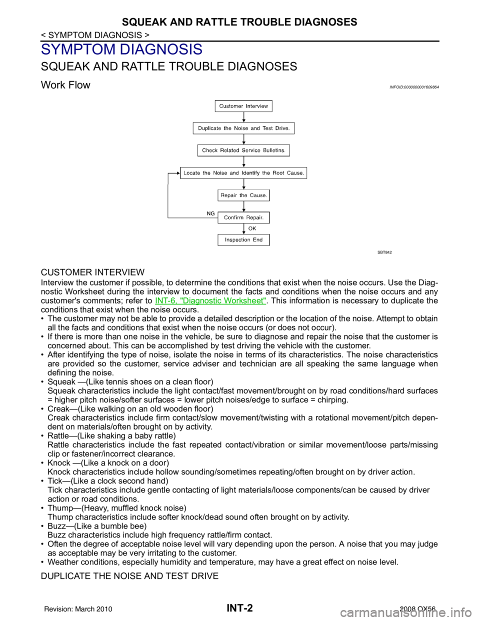 INFINITI QX56 2008 Factory Service Manual INT-2
< SYMPTOM DIAGNOSIS >
SQUEAK AND RATTLE TROUBLE DIAGNOSES
SYMPTOM DIAGNOSIS
SQUEAK AND RATTLE TROUBLE DIAGNOSES
Work FlowINFOID:0000000001609864
CUSTOMER INTERVIEW
Interview the customer if poss INFINITI QX56 2008 Factory Service Manual INT-2
< SYMPTOM DIAGNOSIS >
SQUEAK AND RATTLE TROUBLE DIAGNOSES
SYMPTOM DIAGNOSIS
SQUEAK AND RATTLE TROUBLE DIAGNOSES
Work FlowINFOID:0000000001609864
CUSTOMER INTERVIEW
Interview the customer if poss