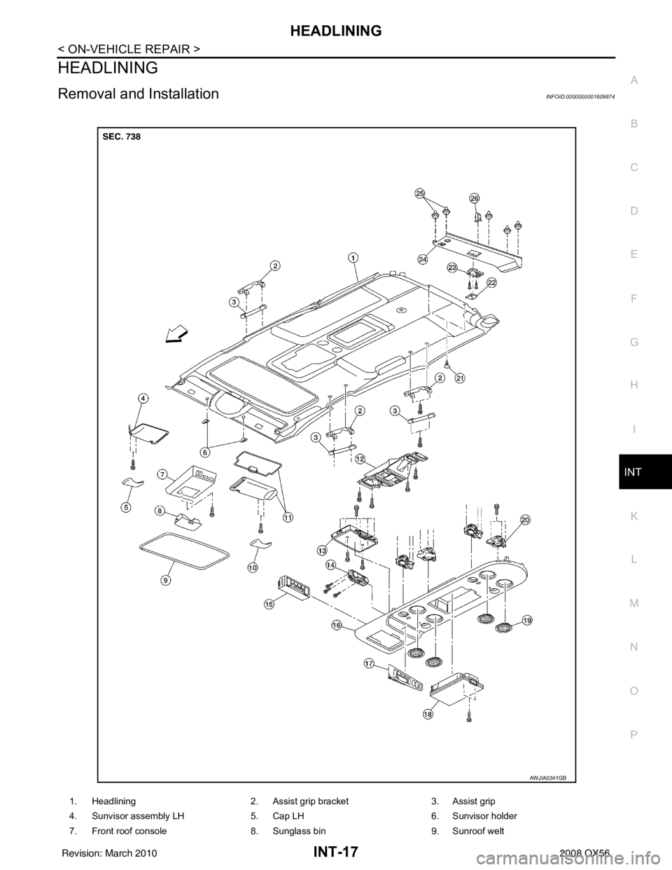 INFINITI QX56 2008 Factory Service Manual HEADLININGINT-17
< ON-VEHICLE REPAIR >
C
DE
F
G H
I
K L
M A
B
INT
N
O P
HEADLINING
Removal and InstallationINFOID:0000000001609874
1. Headlining 2. Assist grip bracket3. Assist grip
4. Sunvisor assemb INFINITI QX56 2008 Factory Service Manual HEADLININGINT-17
< ON-VEHICLE REPAIR >
C
DE
F
G H
I
K L
M A
B
INT
N
O P
HEADLINING
Removal and InstallationINFOID:0000000001609874
1. Headlining 2. Assist grip bracket3. Assist grip
4. Sunvisor assemb