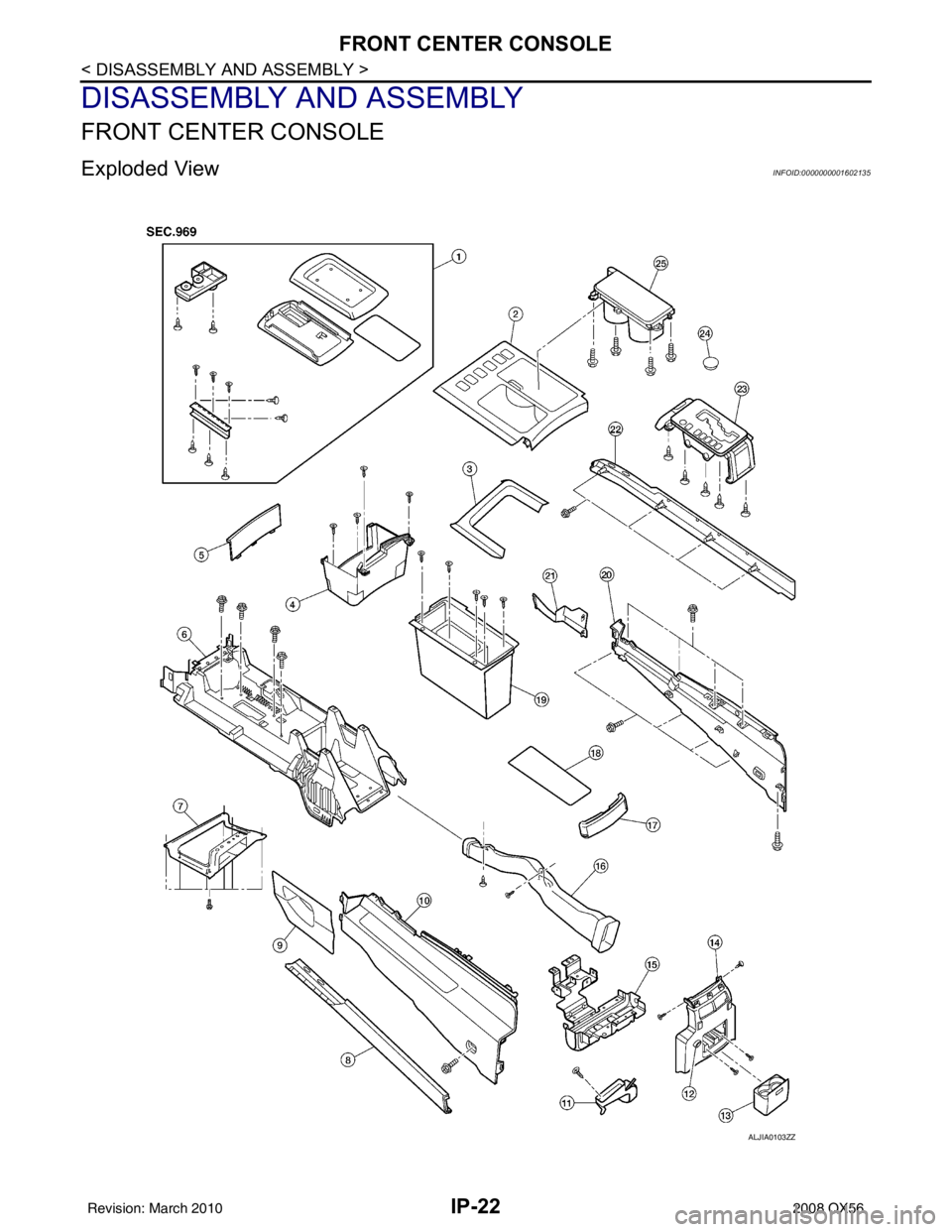 INFINITI QX56 2008  Factory Service Manual IP-22
< DISASSEMBLY AND ASSEMBLY >
FRONT CENTER CONSOLE
DISASSEMBLY AND ASSEMBLY
FRONT CENTER CONSOLE
Exploded ViewINFOID:0000000001602135
ALJIA0103ZZ
Revision: March 20102008 QX56 