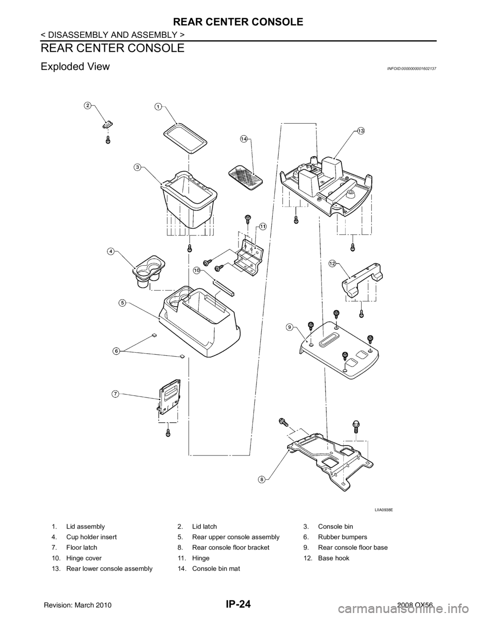 INFINITI QX56 2008  Factory Service Manual IP-24
< DISASSEMBLY AND ASSEMBLY >
REAR CENTER CONSOLE
REAR CENTER CONSOLE
Exploded ViewINFOID:0000000001602137
1. Lid assembly2. Lid latch3. Console bin
4. Cup holder insert 5. Rear upper console ass