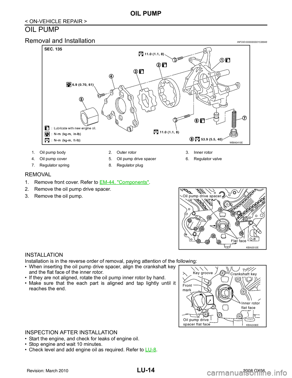 INFINITI QX56 2008 Factory Repair Manual LU-14
< ON-VEHICLE REPAIR >
OIL PUMP
OIL PUMP
Removal and InstallationINFOID:0000000001538848
REMOVAL
1. Remove front cover. Refer to EM-44, "Components".
2. Remove the oil pump drive spacer.
3. Remo INFINITI QX56 2008 Factory Repair Manual LU-14
< ON-VEHICLE REPAIR >
OIL PUMP
OIL PUMP
Removal and InstallationINFOID:0000000001538848
REMOVAL
1. Remove front cover. Refer to EM-44, "Components".
2. Remove the oil pump drive spacer.
3. Remo