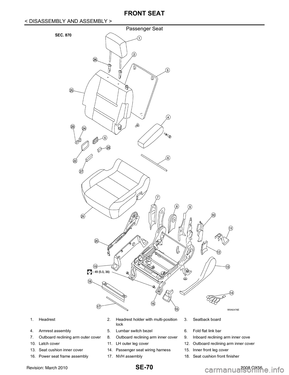 INFINITI QX56 2008 Factory Service Manual SE-70
< DISASSEMBLY AND ASSEMBLY >
FRONT SEAT
Passenger Seat
WIIA0476E
1. Headrest2. Headrest holder with multi-position
lock 3. Seatback board
4. Armrest assembly 5. Lumbar switch bezel6. Fold fla INFINITI QX56 2008 Factory Service Manual SE-70
< DISASSEMBLY AND ASSEMBLY >
FRONT SEAT
Passenger Seat
WIIA0476E
1. Headrest2. Headrest holder with multi-position
lock 3. Seatback board
4. Armrest assembly 5. Lumbar switch bezel6. Fold fla