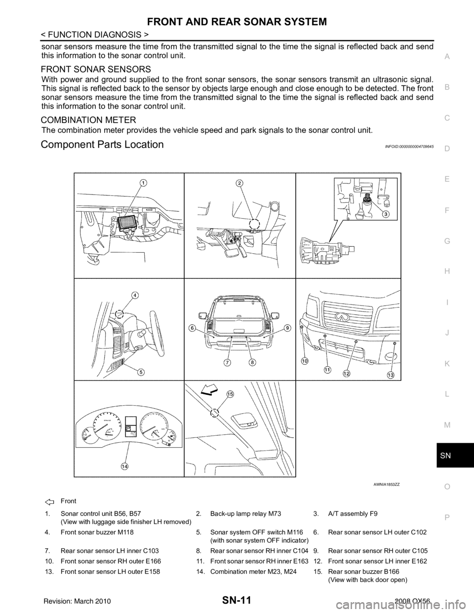 INFINITI QX56 2008  Factory Service Manual SN
FRONT AND REAR SONAR SYSTEMSN-11
< FUNCTION DIAGNOSIS >
C
DE
F
G H
I
J
K L
M B A
O P
sonar sensors measure the time from the transmitted si gnal to the time the signal is reflected back and send
th