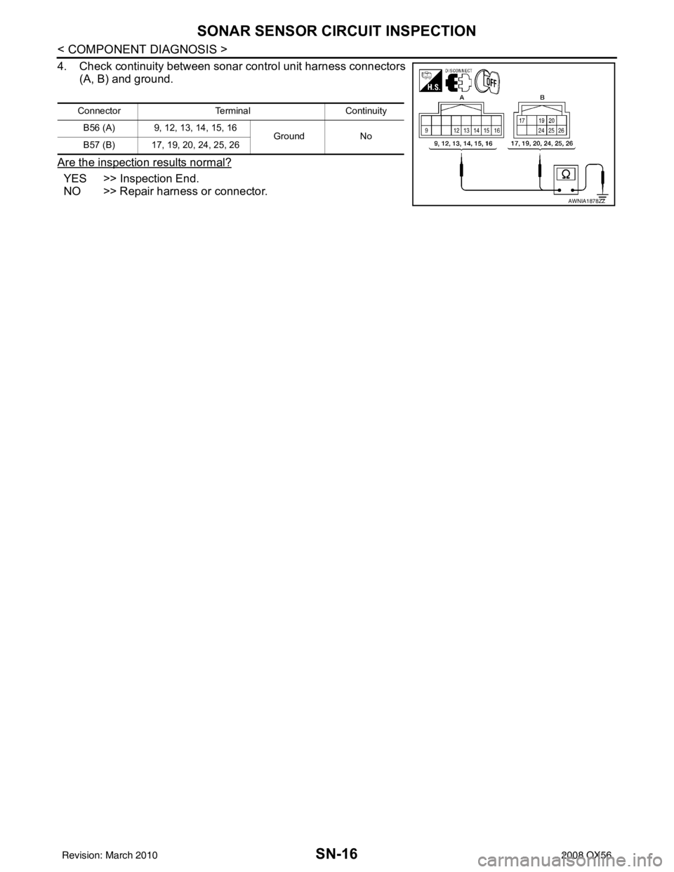 INFINITI QX56 2008  Factory Service Manual SN-16
< COMPONENT DIAGNOSIS >
SONAR SENSOR CIRCUIT INSPECTION
4. Check continuity between sonar control unit harness connectors
(A, B) and ground.
Are the inspection results normal?
YES >> Inspection 