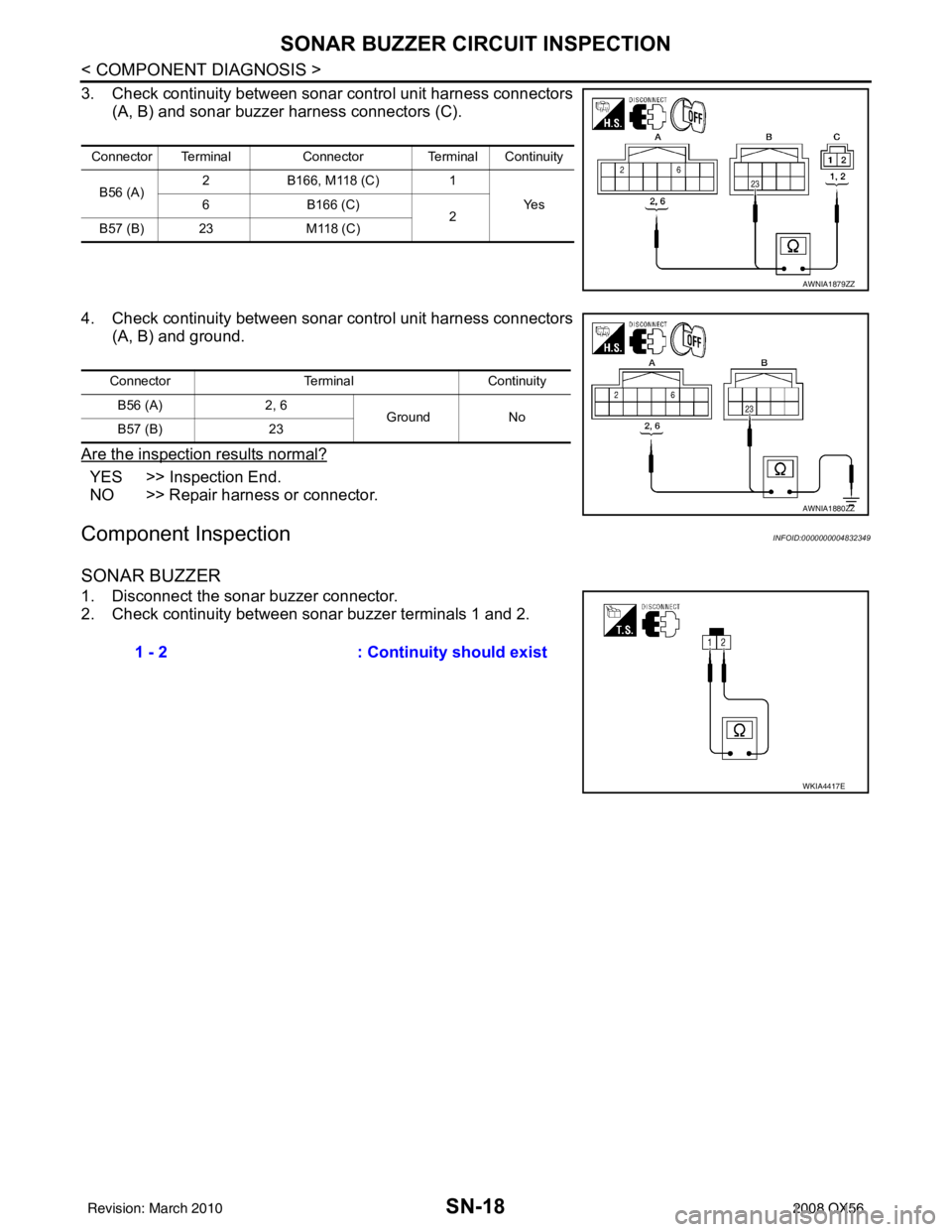 INFINITI QX56 2008  Factory Service Manual SN-18
< COMPONENT DIAGNOSIS >
SONAR BUZZER CIRCUIT INSPECTION
3. Check continuity between sonar control unit harness connectors
(A, B) and sonar buzzer harness connectors (C).
4. Check continuity betw