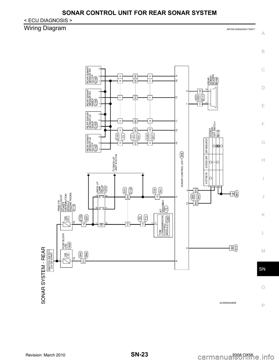 INFINITI QX56 2008  Factory Service Manual SN
SONAR CONTROL UNIT FOR REAR SONAR SYSTEMSN-23
< ECU DIAGNOSIS >
C
DE
F
G H
I
J
K L
M B A
O P
Wiring DiagramINFOID:0000000001754071
ALNWA0049GB
Revision: March 2010 2008 QX56 