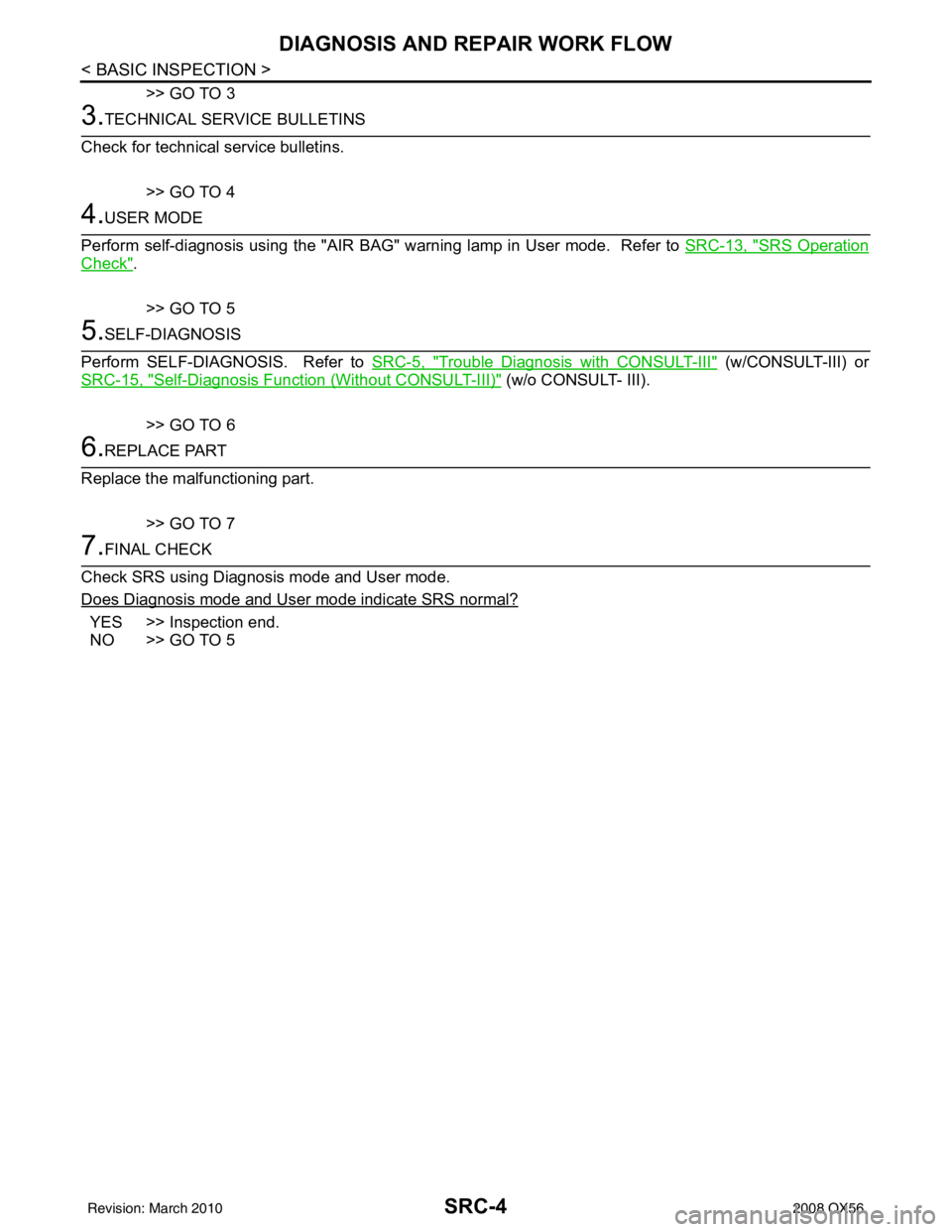 INFINITI QX56 2008 Factory Service Manual SRC-4
< BASIC INSPECTION >
DIAGNOSIS AND REPAIR WORK FLOW
>> GO TO 3
3.TECHNICAL SERVICE BULLETINS
Check for technical service bulletins.
>> GO TO 4
4.USER MODE
Perform self-diagnosis using the "AIR B INFINITI QX56 2008 Factory Service Manual SRC-4
< BASIC INSPECTION >
DIAGNOSIS AND REPAIR WORK FLOW
>> GO TO 3
3.TECHNICAL SERVICE BULLETINS
Check for technical service bulletins.
>> GO TO 4
4.USER MODE
Perform self-diagnosis using the "AIR B