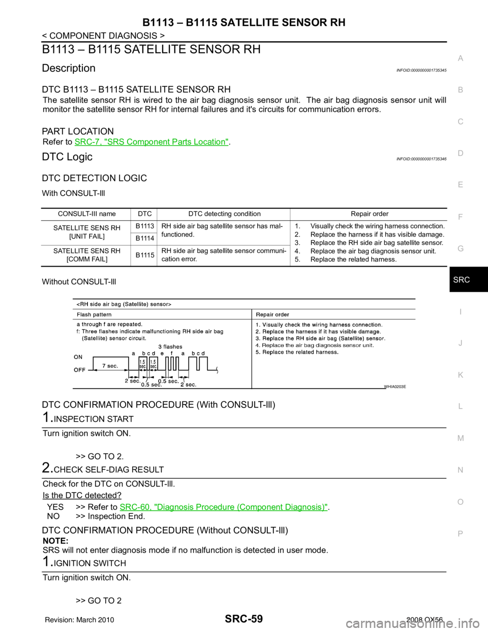 INFINITI QX56 2008 Factory Service Manual B1113 – B1115 SATELLITE SENSOR RHSRC-59
< COMPONENT DIAGNOSIS >
C
DE
F
G
I
J
K L
M A
B
SRC
N
O P
B1113 – B1115 SATELLITE SENSOR RH
DescriptionINFOID:0000000001735345
DTC B1113 – B1115 SATELLITE INFINITI QX56 2008 Factory Service Manual B1113 – B1115 SATELLITE SENSOR RHSRC-59
< COMPONENT DIAGNOSIS >
C
DE
F
G
I
J
K L
M A
B
SRC
N
O P
B1113 – B1115 SATELLITE SENSOR RH
DescriptionINFOID:0000000001735345
DTC B1113 – B1115 SATELLITE