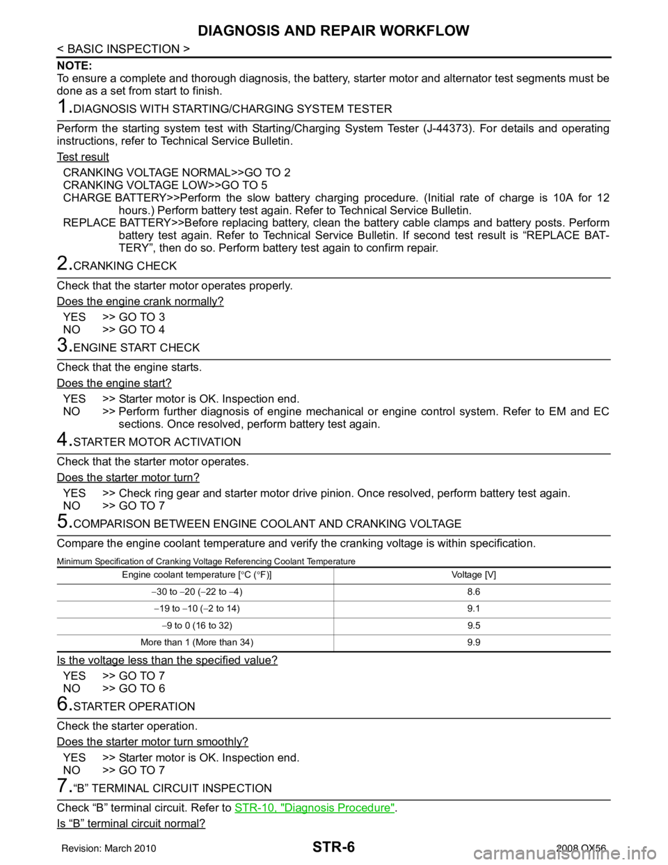 INFINITI QX56 2008  Factory Service Manual STR-6
< BASIC INSPECTION >
DIAGNOSIS AND REPAIR WORKFLOW
NOTE:
To ensure a complete and thorough diagnosis, the battery, starter motor and alternator test segments must be
done as a set from start to 