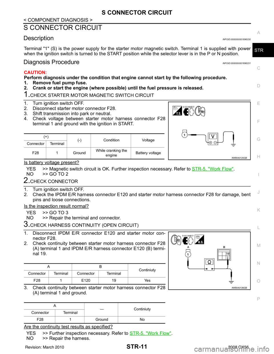 INFINITI QX56 2008 Factory Service Manual S CONNECTOR CIRCUITSTR-11
< COMPONENT DIAGNOSIS >
C
DE
F
G H
I
J
K L
M A
STR
NP
O
S CONNECTOR CIRCUIT
DescriptionINFOID:0000000001696230
Terminal "1" (S) is the power supply for the starter mo
tor mag INFINITI QX56 2008 Factory Service Manual S CONNECTOR CIRCUITSTR-11
< COMPONENT DIAGNOSIS >
C
DE
F
G H
I
J
K L
M A
STR
NP
O
S CONNECTOR CIRCUIT
DescriptionINFOID:0000000001696230
Terminal "1" (S) is the power supply for the starter mo
tor mag
