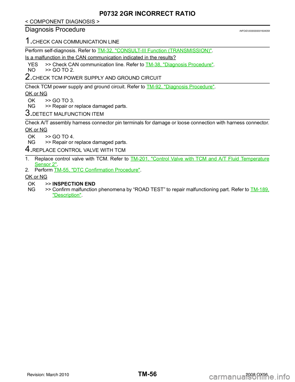 INFINITI QX56 2008 Factory Service Manual TM-56
< COMPONENT DIAGNOSIS >
P0732 2GR INCORRECT RATIO
Diagnosis Procedure
INFOID:0000000001604059
1.CHECK CAN COMMUNICATION LINE
Perform self-diagnosis. Refer to TM-32, "
CONSULT-III Functi on (TRAN INFINITI QX56 2008 Factory Service Manual TM-56
< COMPONENT DIAGNOSIS >
P0732 2GR INCORRECT RATIO
Diagnosis Procedure
INFOID:0000000001604059
1.CHECK CAN COMMUNICATION LINE
Perform self-diagnosis. Refer to TM-32, "
CONSULT-III Functi on (TRAN