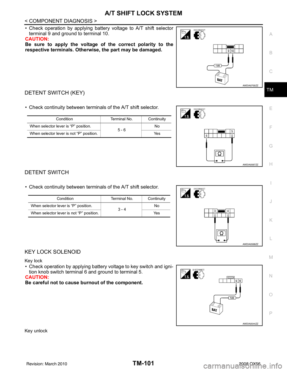 INFINITI QX56 2008  Factory Service Manual A/T SHIFT LOCK SYSTEMTM-101
< COMPONENT DIAGNOSIS >
CEF
G H
I
J
K L
M A
B
TM
N
O P
• Check operation by applying battery voltage to A/T shift selector terminal 9 and ground to terminal 10.
CAUTION:
