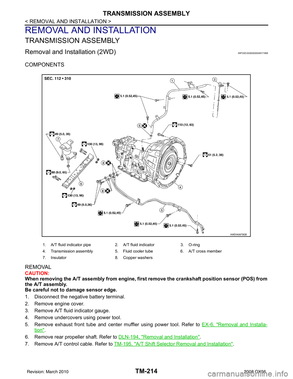 INFINITI QX56 2008  Factory Service Manual TM-214
< REMOVAL AND INSTALLATION >
TRANSMISSION ASSEMBLY
REMOVAL AND INSTALLATION
TRANSMISSION ASSEMBLY
Removal and Installation (2WD)INFOID:0000000004917498
COMPONENTS
REMOVAL
CAUTION:
When removing