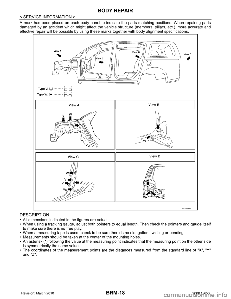 INFINITI QX56 2008  Factory Service Manual BRM-18
< SERVICE INFORMATION >
BODY REPAIR
A mark has been placed on each body panel to indicate the parts matching positions. When repairing parts
damaged by an accident which might affect the vehicl