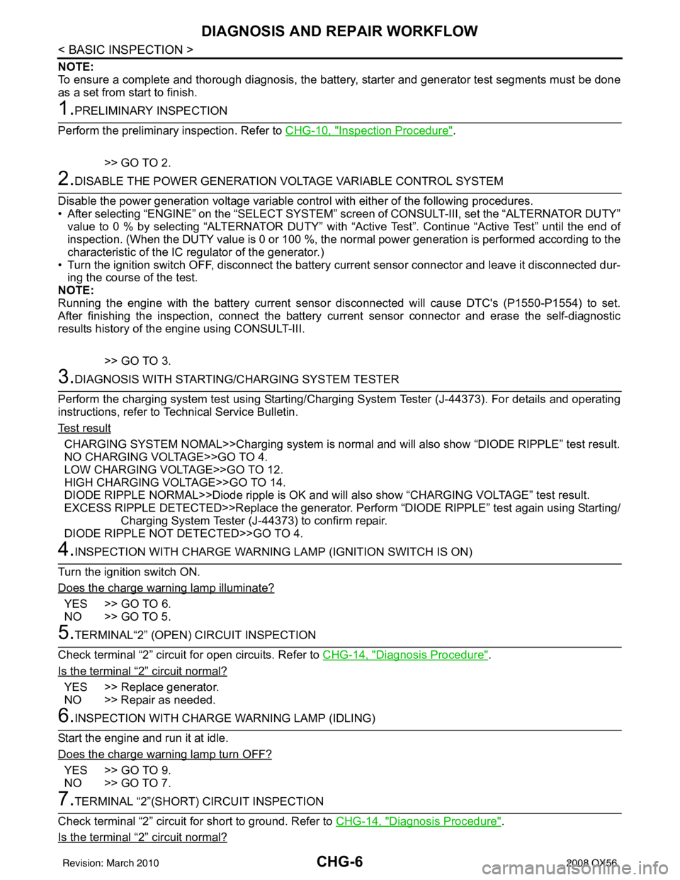 INFINITI QX56 2008  Factory Service Manual CHG-6
< BASIC INSPECTION >
DIAGNOSIS AND REPAIR WORKFLOW
NOTE:
To ensure a complete and thorough diagnosis, the battery, starter and generator test segments must be done
as a set from start to finish.