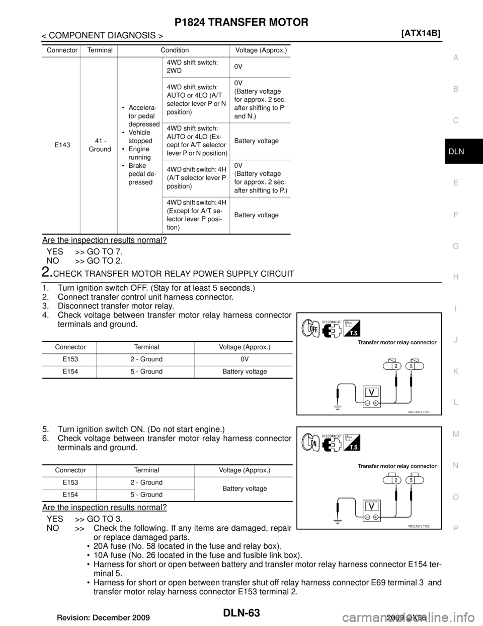 INFINITI QX56 2009  Factory Owners Manual 
P1824 TRANSFER MOTORDLN-63
< COMPONENT DIAGNOSIS > [ATX14B]
C
EF
G H
I
J
K L
M A
B
DLN
N
O P
Are the inspection results normal?
YES  >> GO TO 7.
NO >> GO TO 2.
2.CHECK TRANSFER MOTOR RELAY POWER SUPP