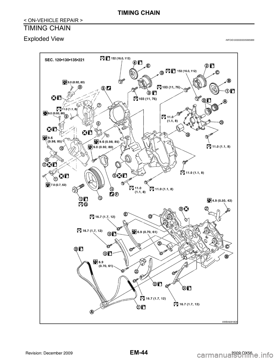 INFINITI QX56 2009 Factory Service Manual EM-44
< ON-VEHICLE REPAIR >
TIMING CHAIN
TIMING CHAIN
Exploded ViewINFOID:0000000005885886
AWBIA0818GB
Revision: December 20092009 QX56 INFINITI QX56 2009 Factory Service Manual EM-44
< ON-VEHICLE REPAIR >
TIMING CHAIN
TIMING CHAIN
Exploded ViewINFOID:0000000005885886
AWBIA0818GB
Revision: December 20092009 QX56