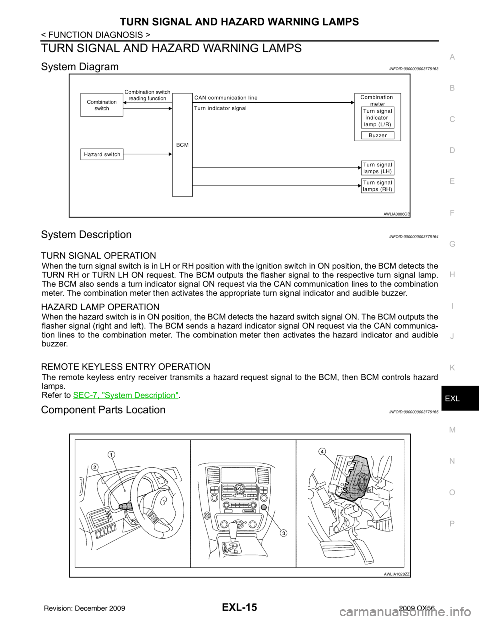INFINITI QX56 2009 Factory Workshop Manual TURN SIGNAL AND HAZARD WARNING LAMPSEXL-15
< FUNCTION DIAGNOSIS >
C
DE
F
G H
I
J
K
M A
B
EXL
N
O P
TURN SIGNAL AND HA ZARD WARNING LAMPS
System DiagramINFOID:0000000003776163
System DescriptionINFOID: INFINITI QX56 2009 Factory Workshop Manual TURN SIGNAL AND HAZARD WARNING LAMPSEXL-15
< FUNCTION DIAGNOSIS >
C
DE
F
G H
I
J
K
M A
B
EXL
N
O P
TURN SIGNAL AND HA ZARD WARNING LAMPS
System DiagramINFOID:0000000003776163
System DescriptionINFOID: